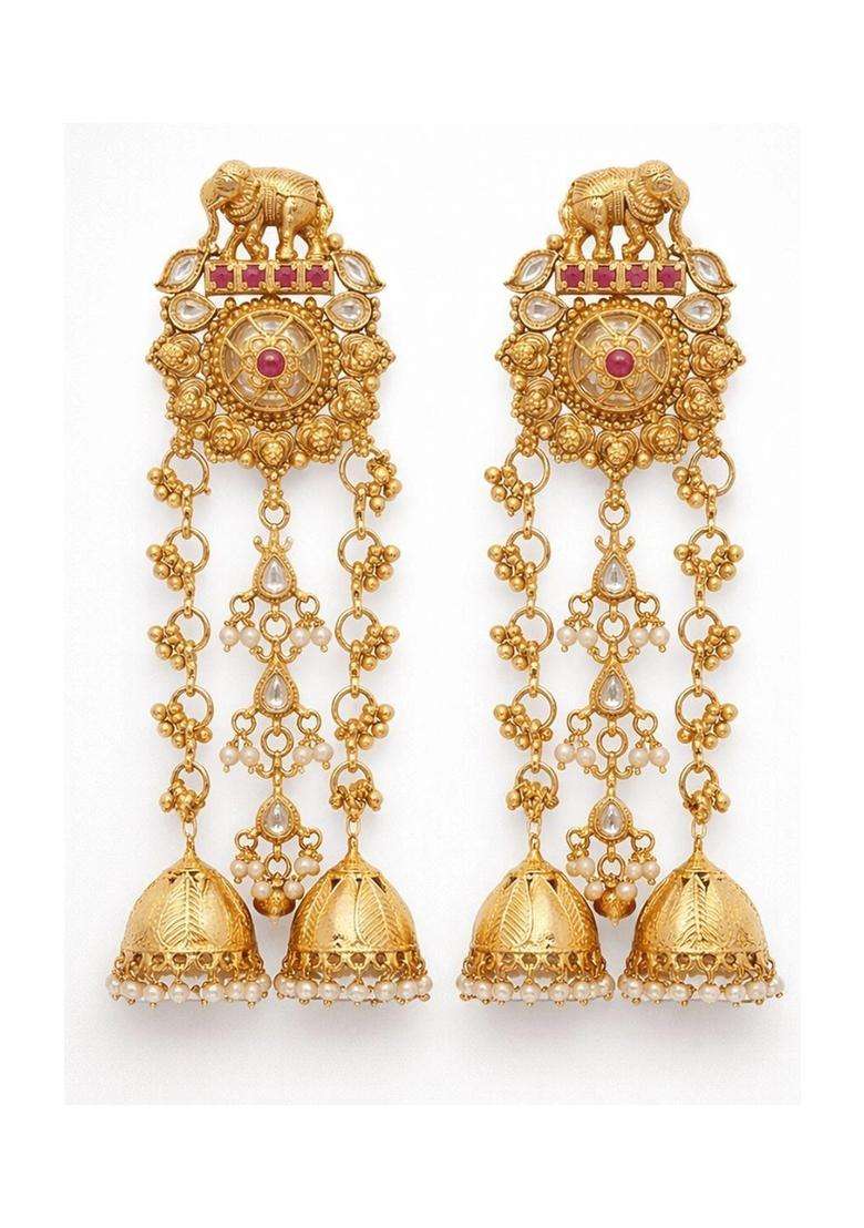 Gold-Plated Geometric Jhumkas Earrings with Kundan for Women | Traditional Temple Jewellery for Wedding & Festive Wear | Gift for Her - Indya