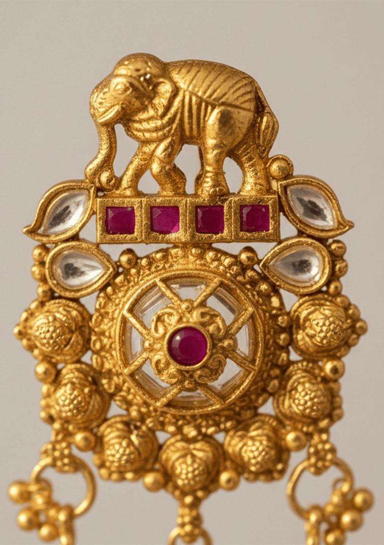 Gold-Plated Geometric Jhumkas Earrings with Kundan for Women | Traditional Temple Jewellery for Wedding & Festive Wear | Gift for Her - Indya