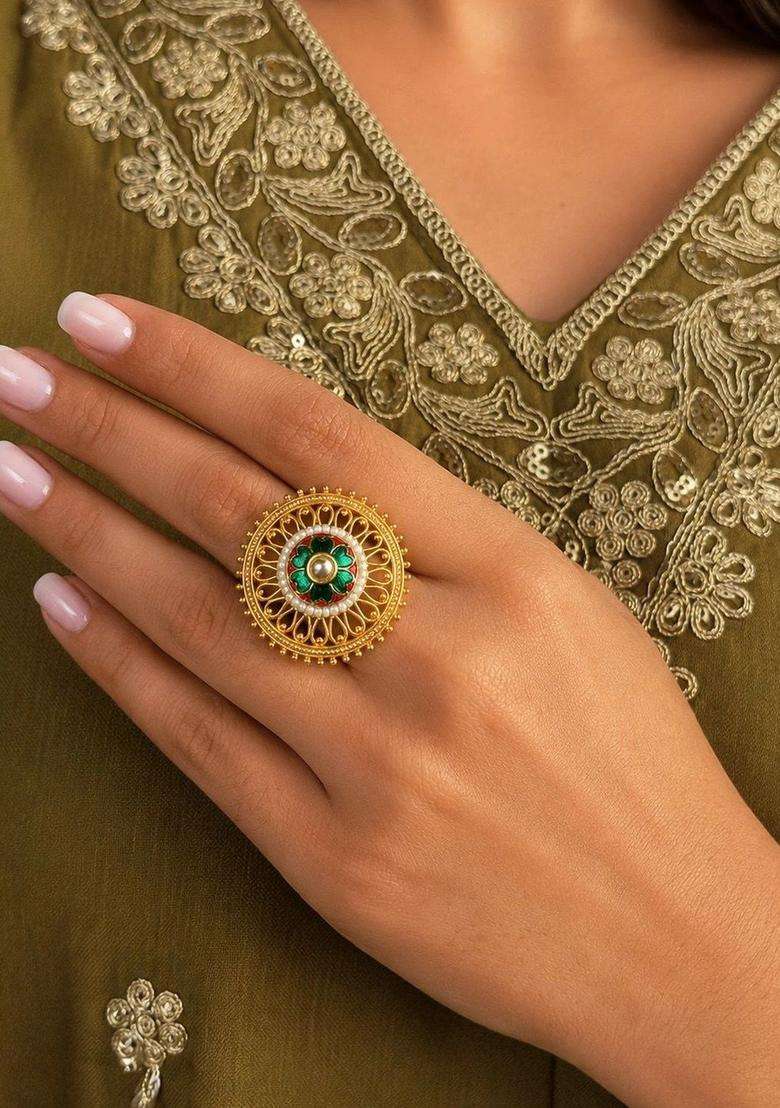 Gold-Plated Temple Finger Ring for Women | Traditional Temple Jewellery for Wedding & Festive Wear | Gift for Her - Indya
