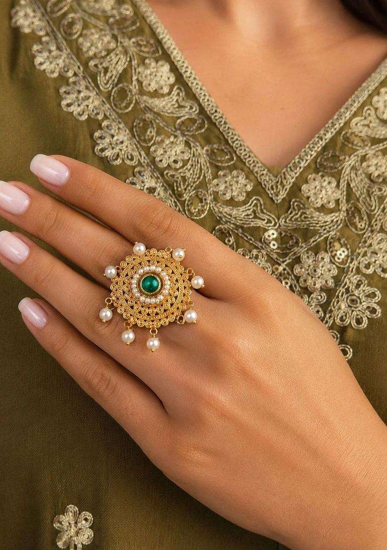 Gold-Plated Temple Finger Ring for Women | Traditional Temple Jewellery for Wedding & Festive Wear | Gift for Her - Indya