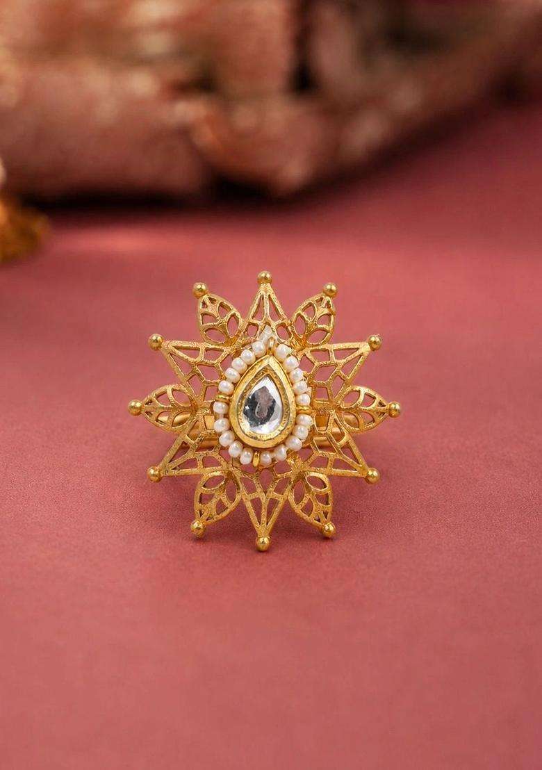 Gold-Plated Temple Stone-Studded Finger Ring for Women | Traditional Temple Jewellery for Wedding & Festive Wear | Gift for Her - Indya