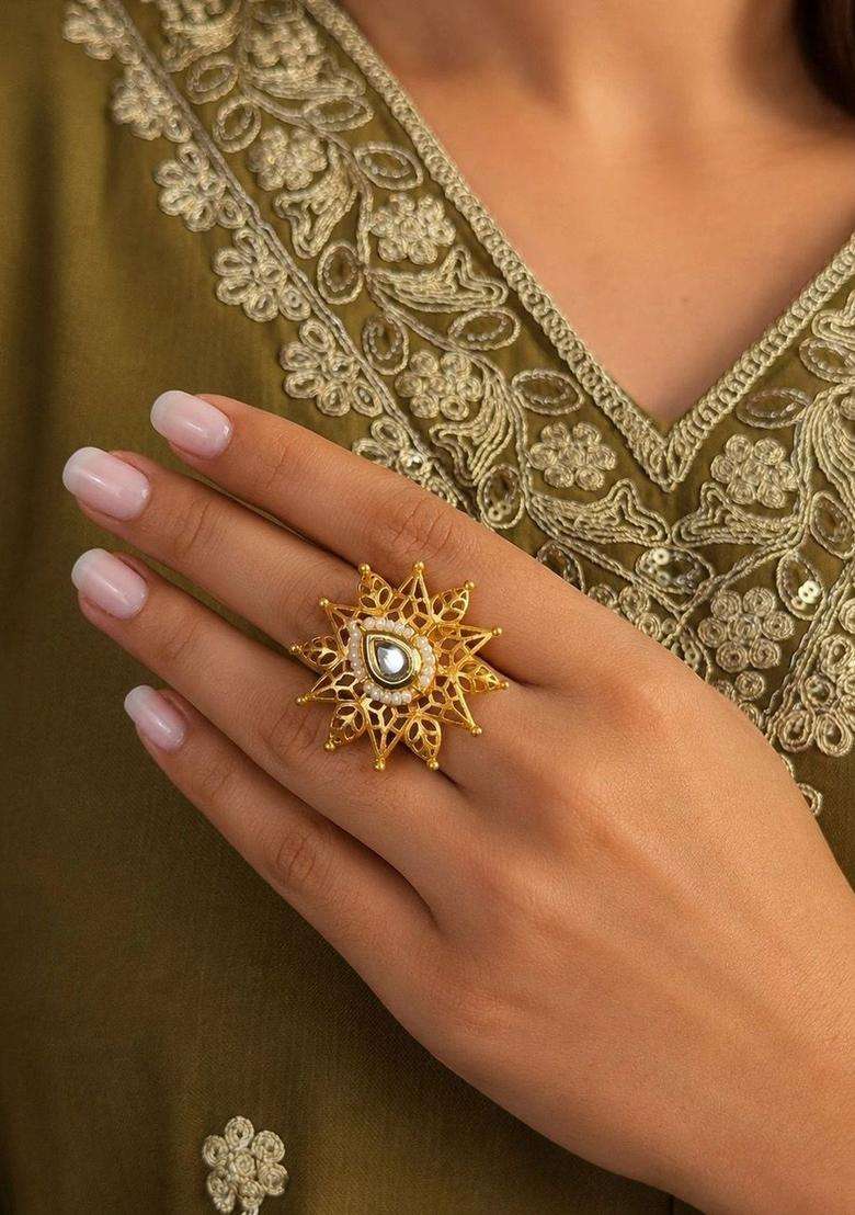 Gold-Plated Temple Stone-Studded Finger Ring for Women | Traditional Temple Jewellery for Wedding & Festive Wear | Gift for Her - Indya
