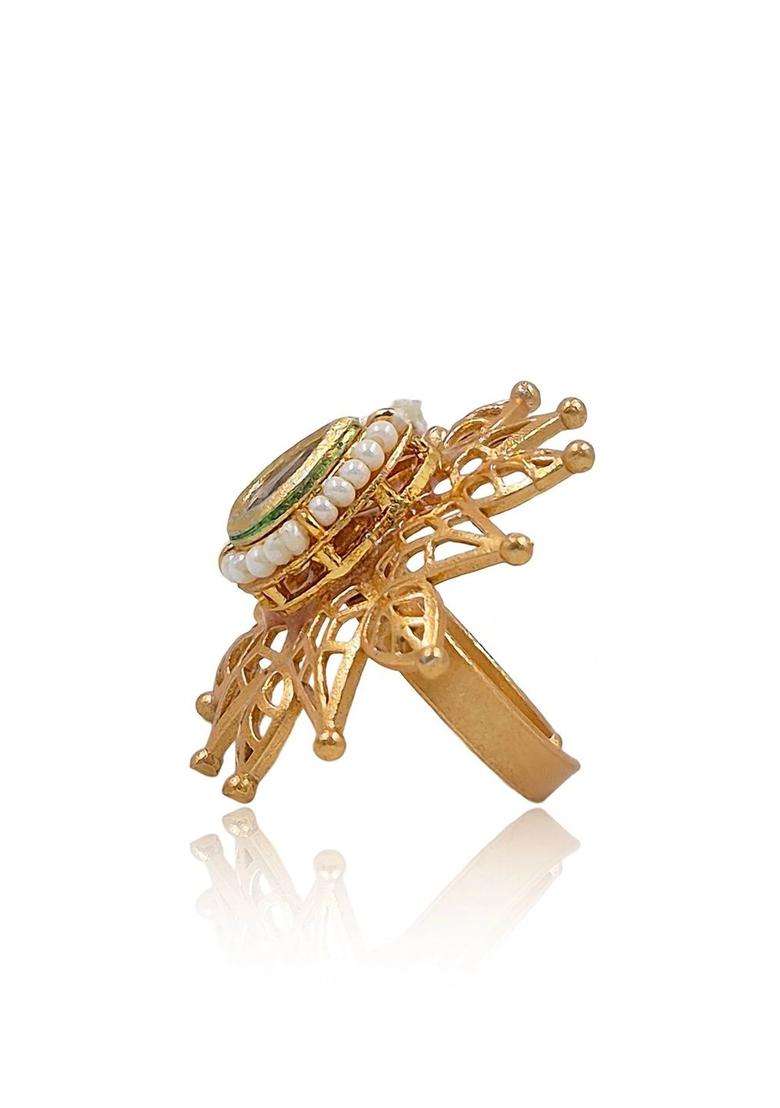 Gold-Plated Temple Stone-Studded Finger Ring for Women | Traditional Temple Jewellery for Wedding & Festive Wear | Gift for Her - Indya