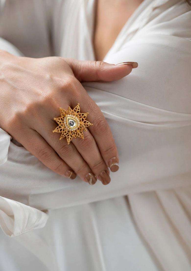 Gold-Plated Temple Stone-Studded Finger Ring for Women | Traditional Temple Jewellery for Wedding & Festive Wear | Gift for Her - Indya