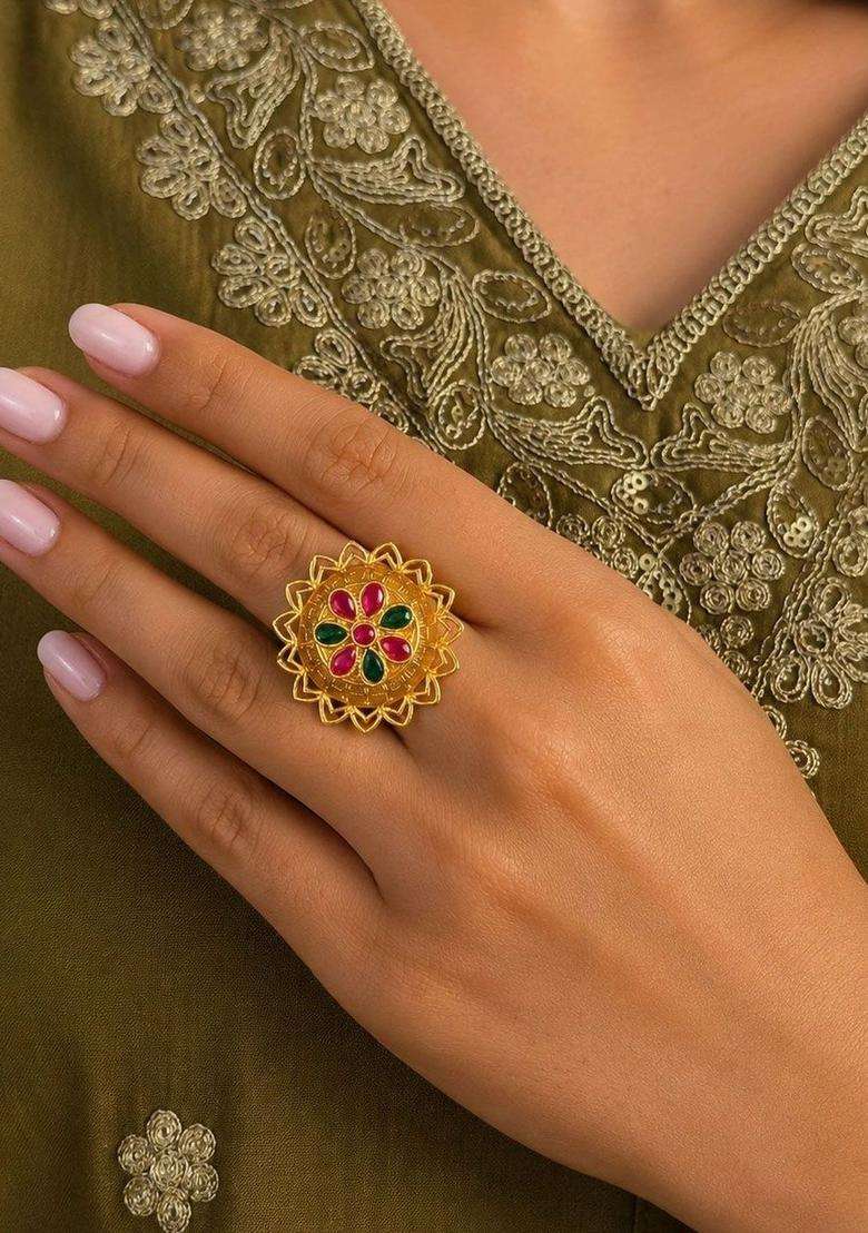 Gold-Plated Temple Finger Ring for Women | Traditional Temple Jewellery for Wedding & Festive Wear | Gift for Her - Indya