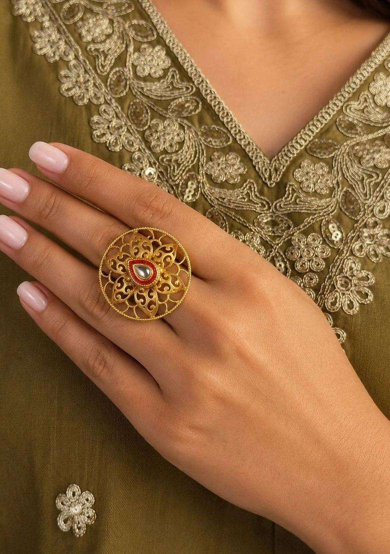 Gold-Plated Temple Finger Ring for Women | Traditional Temple Jewellery for Wedding & Festive Wear | Gift for Her - Indya