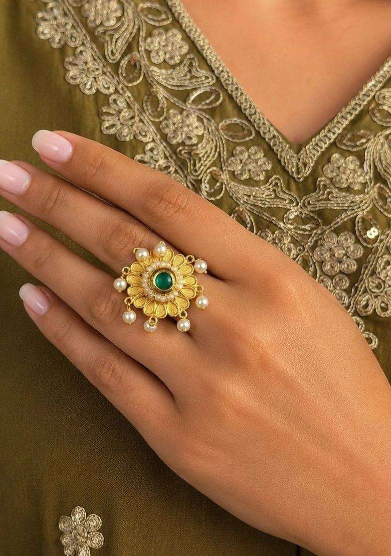 Gold-Plated Temple Finger Ring for Women | Traditional Temple Jewellery for Wedding & Festive Wear | Gift for Her - Indya