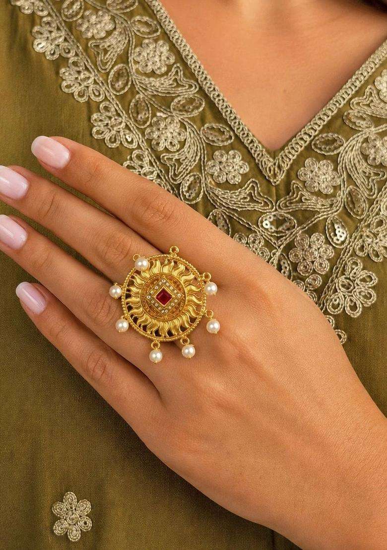 Gold-Plated Temple Finger Ring for Women | Traditional Temple Jewellery for Wedding & Festive Wear | Gift for Her - Indya