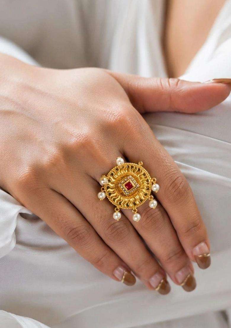 Gold-Plated Temple Finger Ring for Women | Traditional Temple Jewellery for Wedding & Festive Wear | Gift for Her - Indya