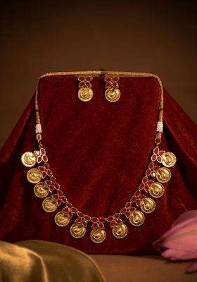 Gold-Plated Artificial Stone-Studded Jewellery Set for Women | Traditional Temple Jewellery for Wedding & Festive Wear | Gift for Her