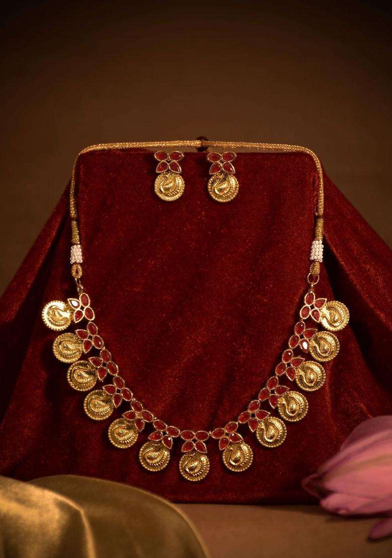 Gold-Plated Artificial Stone-Studded Jewellery Set for Women | Traditional Temple Jewellery for Wedding & Festive Wear | Gift for Her - Indya