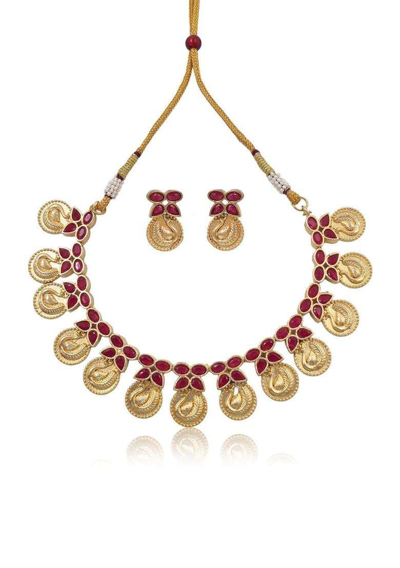 Gold-Plated Artificial Stone-Studded Jewellery Set for Women | Traditional Temple Jewellery for Wedding & Festive Wear | Gift for Her - Indya