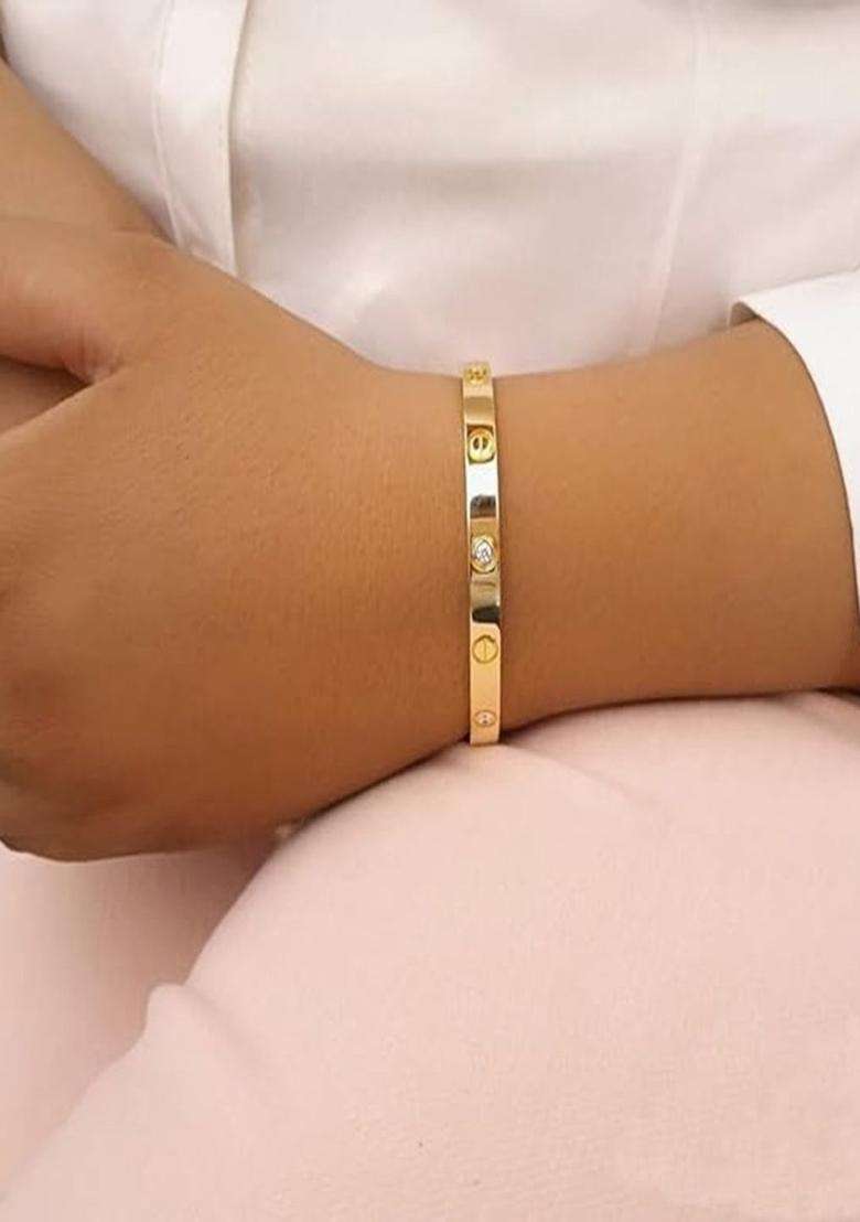 Gold-Plated American Diamond Bangle-Style Bracelet for Men & Women | Stylish Party & Everyday Wear | Festive Gift - Indya