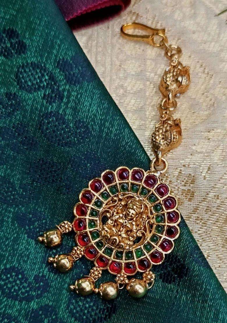 Silver-Plated Artificial Stones Studded Maang Tikka Head Jewellery for Women | Traditional Temple Jewellery for Wedding & Festive Wear | Gift for Her - Indya