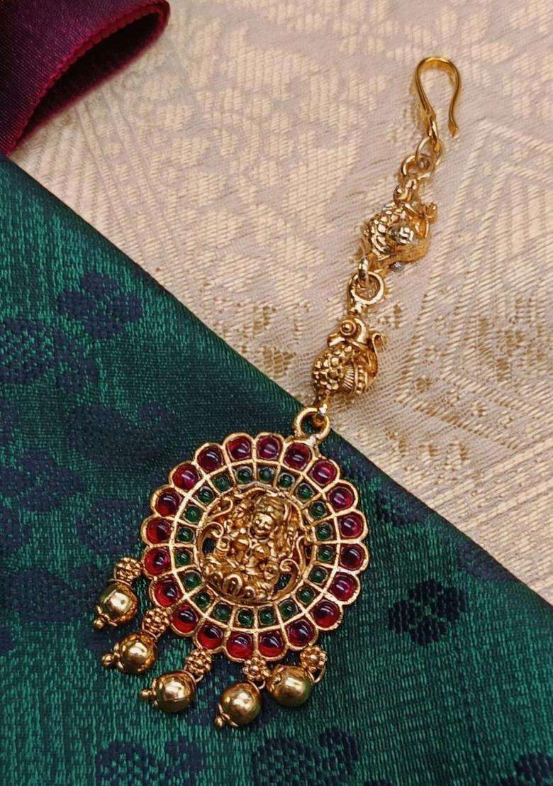 Silver-Plated Artificial Stones Studded Maang Tikka Head Jewellery for Women | Traditional Temple Jewellery for Wedding & Festive Wear | Gift for Her - Indya