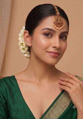 Gold-Plated Artificial Beads Studded Maang Tikka Head Jewellery for Women | Traditional Temple Jewellery for Wedding & Festive Wear | Gift for Her