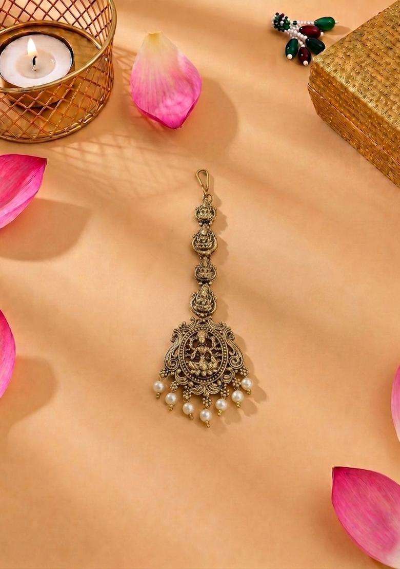 Gold-Plated Artificial Beads Studded Maang Tikka Head Jewellery for Women | Traditional Temple Jewellery for Wedding & Festive Wear | Gift for Her - Indya