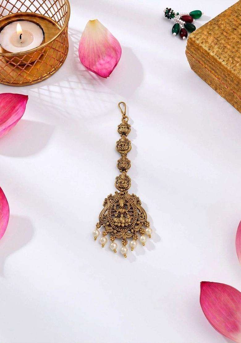 Gold-Plated Artificial Beads Studded Maang Tikka Head Jewellery for Women | Traditional Temple Jewellery for Wedding & Festive Wear | Gift for Her - Indya
