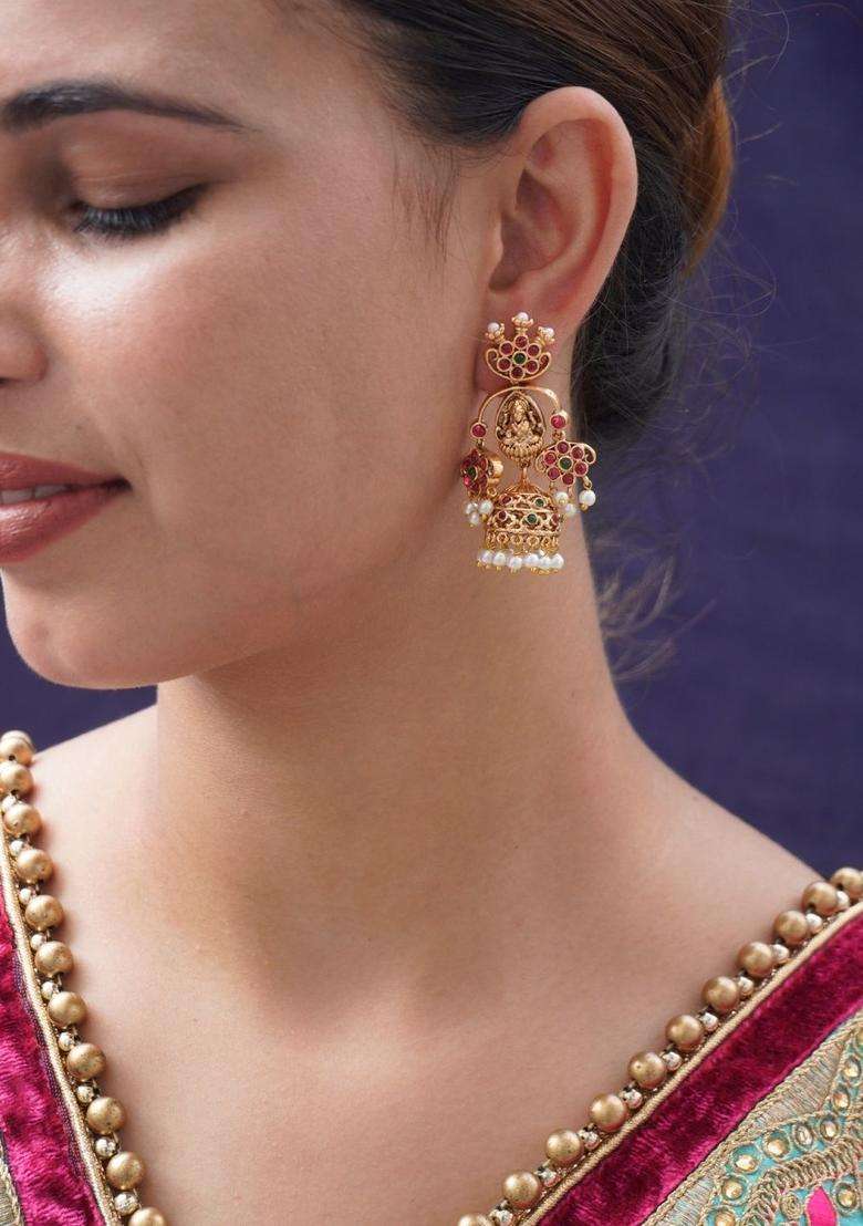 24K Gold-Plated Stone Studded & Beaded Dome Shaped Temple Jhumkas for Women | Traditional Temple Jewellery for Wedding & Festive Wear | Gift for Her - Indya