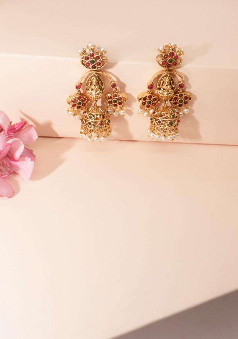 24K Gold-Plated Stone Studded & Beaded Dome Shaped Temple Jhumkas for Women | Traditional Temple Jewellery for Wedding & Festive Wear | Gift for Her - Indya