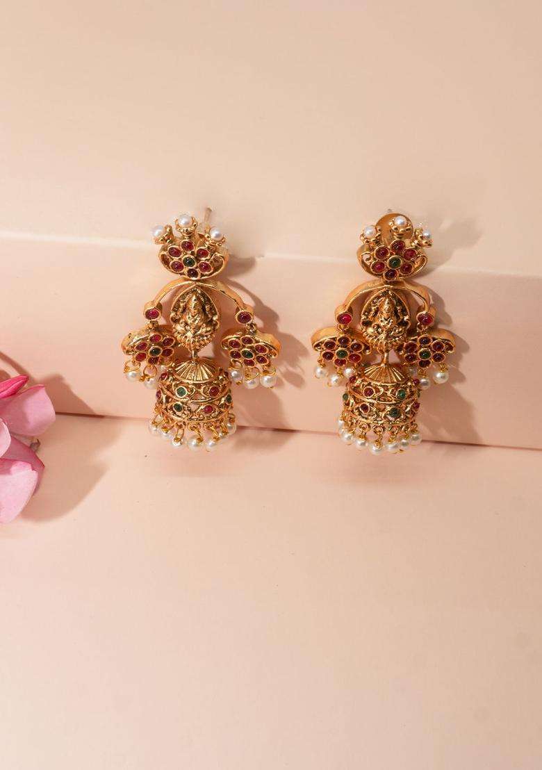 24K Gold-Plated Stone Studded & Beaded Dome Shaped Temple Jhumkas for Women | Traditional Temple Jewellery for Wedding & Festive Wear | Gift for Her - Indya