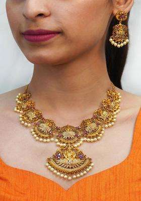 Gold-Plated Temple Cubic Zirconia Necklace and Earrings for Women | Traditional Temple Jewellery for Wedding & Festive Wear | Gift for Her