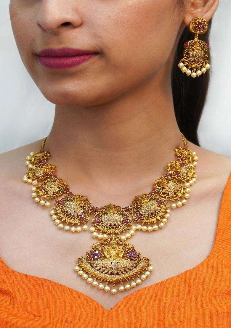 Gold-Plated Temple Cubic Zirconia Necklace and Earrings for Women | Traditional Temple Jewellery for Wedding & Festive Wear | Gift for Her - Indya