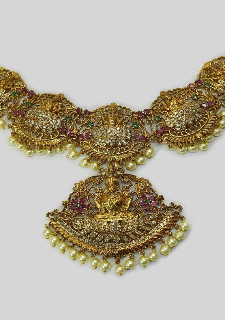 Gold-Plated Temple Cubic Zirconia Necklace and Earrings for Women | Traditional Temple Jewellery for Wedding & Festive Wear | Gift for Her - Indya