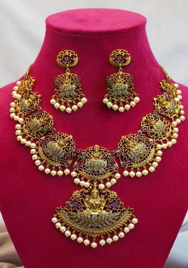 Gold-Plated Temple Cubic Zirconia Necklace and Earrings for Women | Traditional Temple Jewellery for Wedding & Festive Wear | Gift for Her - Indya