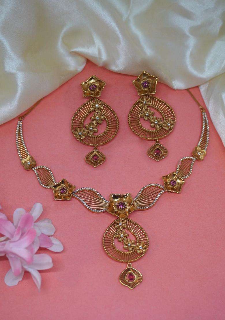Gold-Plated Cubic Zirconia Stone-Studded Details Jewellery Set for Women | Traditional Temple Jewellery for Wedding & Festive Wear | Gift for Her - Indya