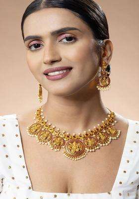 Gold-Plated Temple Stone-Studded Necklace and Earrings for Women | Traditional Temple Jewellery for Wedding & Festive Wear | Gift for Her