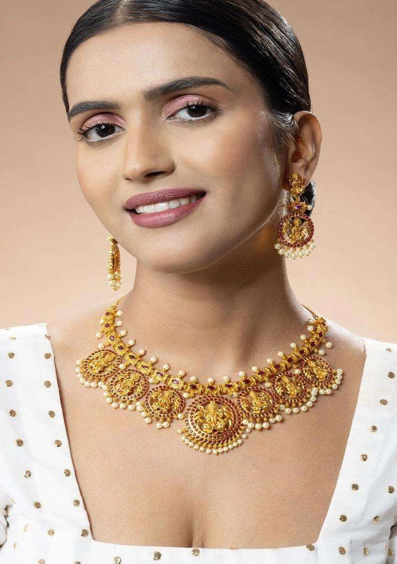 Gold-Plated Temple Stone-Studded Necklace and Earrings for Women | Traditional Temple Jewellery for Wedding & Festive Wear | Gift for Her - Indya