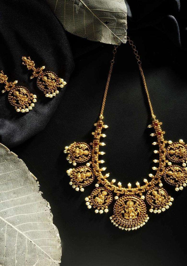 Gold-Plated Temple Stone-Studded Necklace and Earrings for Women | Traditional Temple Jewellery for Wedding & Festive Wear | Gift for Her - Indya