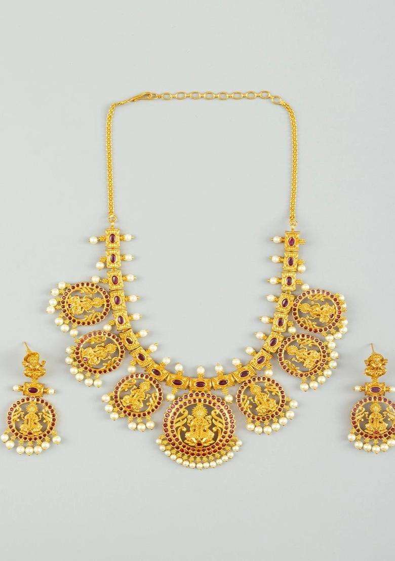 Gold-Plated Temple Stone-Studded Necklace and Earrings for Women | Traditional Temple Jewellery for Wedding & Festive Wear | Gift for Her - Indya