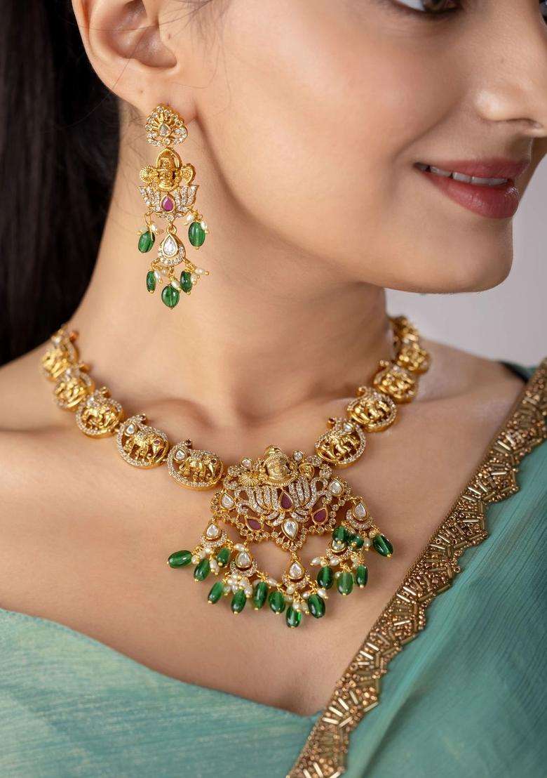 Gold-Plated Temple Necklace and Earrings with Pearl for Women | Traditional Temple Jewellery for Wedding & Festive Wear | Gift for Her - Indya