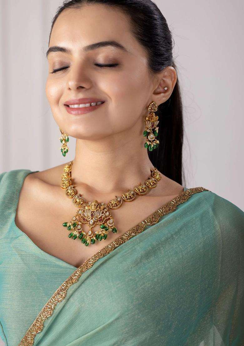 Gold-Plated Temple Necklace and Earrings with Pearl for Women | Traditional Temple Jewellery for Wedding & Festive Wear | Gift for Her - Indya