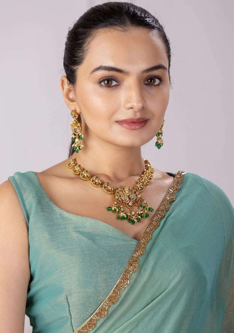 Gold-Plated Temple Necklace and Earrings with Pearl for Women | Traditional Temple Jewellery for Wedding & Festive Wear | Gift for Her - Indya