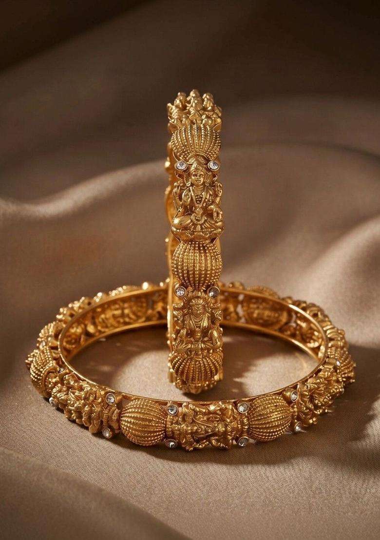 Set of 2 Gold-Plated Temple Stone Studded & Beaded Bangles for Women | Traditional Temple Jewellery for Wedding & Festive Wear | Gift for Her - Indya