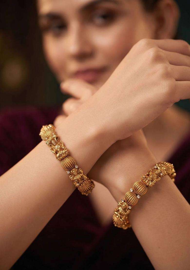 Set of 2 Gold-Plated Temple Stone Studded & Beaded Bangles for Women | Traditional Temple Jewellery for Wedding & Festive Wear | Gift for Her - Indya