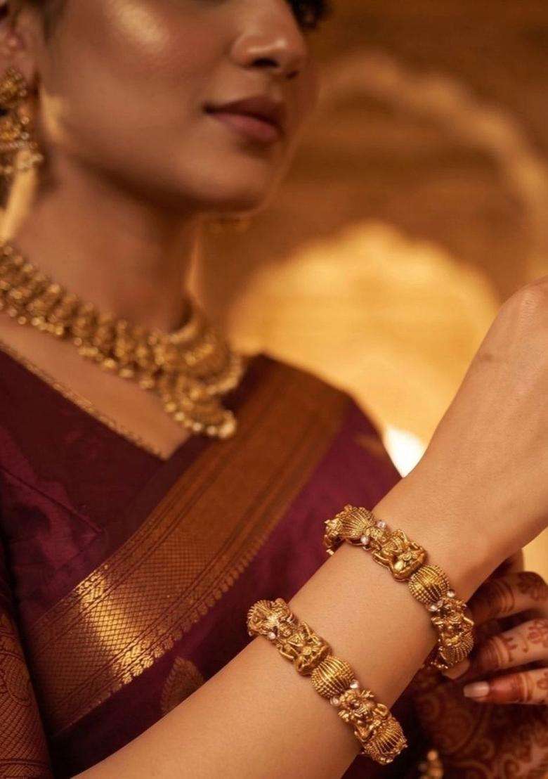 Set of 2 Gold-Plated Temple Stone Studded & Beaded Bangles for Women | Traditional Temple Jewellery for Wedding & Festive Wear | Gift for Her - Indya