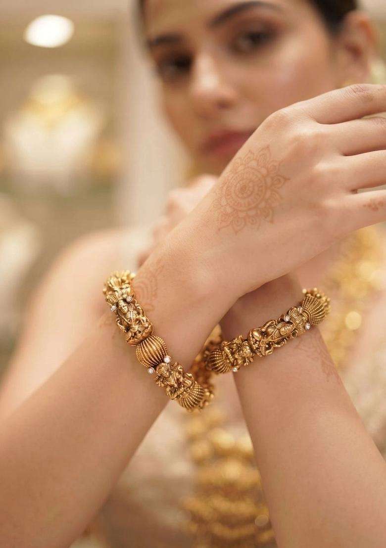 Set of 2 Gold-Plated Temple Stone Studded & Beaded Bangles for Women | Traditional Temple Jewellery for Wedding & Festive Wear | Gift for Her - Indya