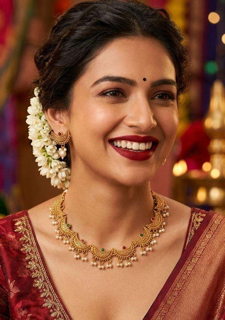 Gold-Plated Temple Stone-Studded Necklace and Earrings for Women | Traditional Temple Jewellery for Wedding & Festive Wear | Gift for Her - Indya