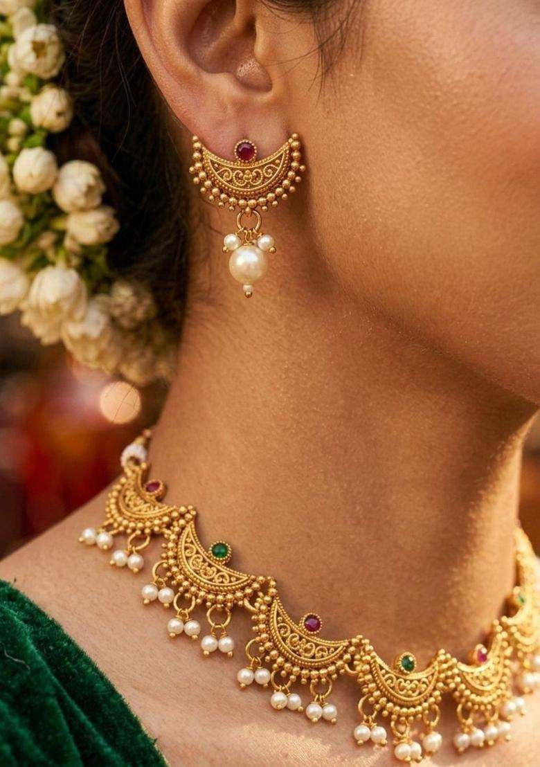 Gold-Plated Temple Stone-Studded Necklace and Earrings for Women | Traditional Temple Jewellery for Wedding & Festive Wear | Gift for Her - Indya