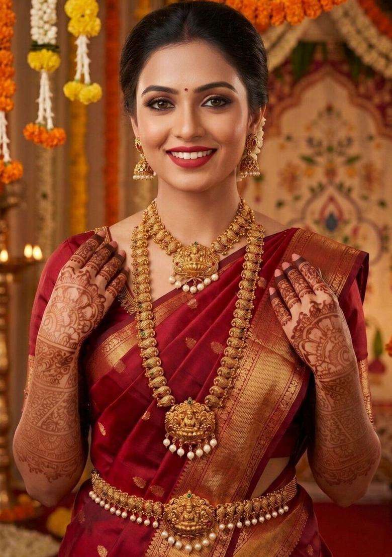Gold-Plated Artificial Stones Studded & Beaded Necklace and Earrings with Kamarband for Women | Traditional Temple Jewellery for Wedding & Festive Wear | Gift for Her - Indya
