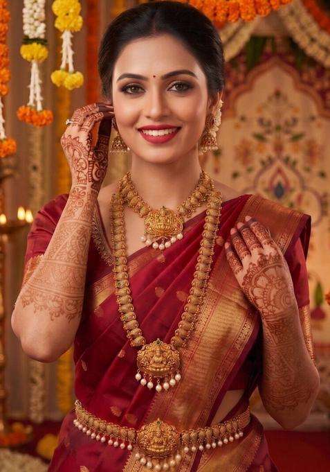 Gold-Plated Artificial Stones Studded & Beaded Necklace and Earrings with Kamarband for Women | Traditional Temple Jewellery for Wedding & Festive Wear | Gift for Her