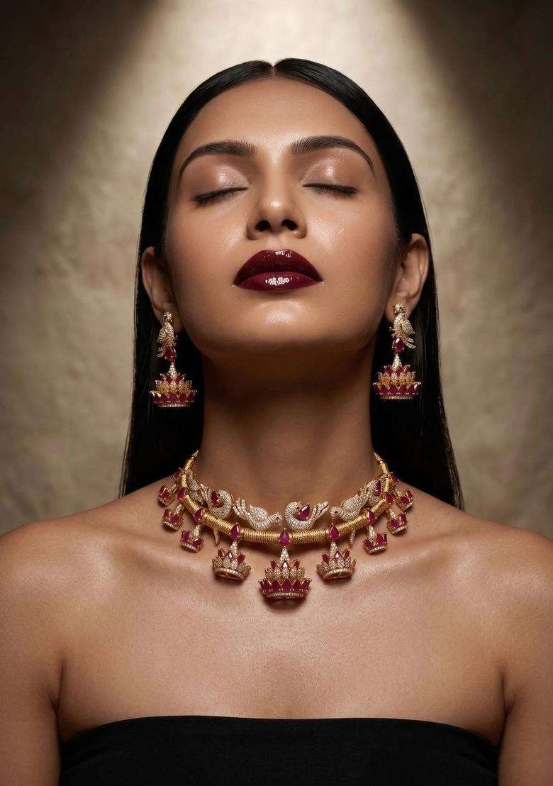 Gold-Plated Temple Cubic Zirconia Necklace and Earrings for Women | Traditional Temple Jewellery for Wedding & Festive Wear | Gift for Her - Indya