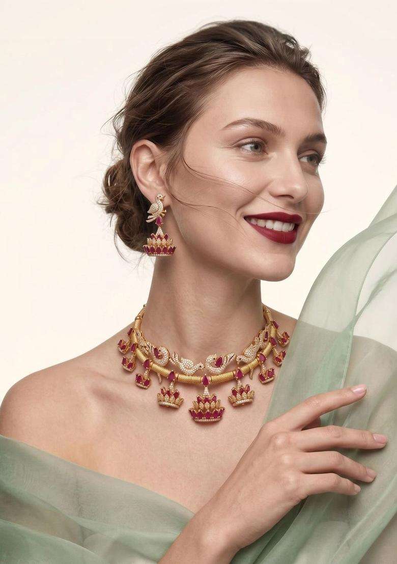 Gold-Plated Temple Cubic Zirconia Necklace and Earrings for Women | Traditional Temple Jewellery for Wedding & Festive Wear | Gift for Her - Indya