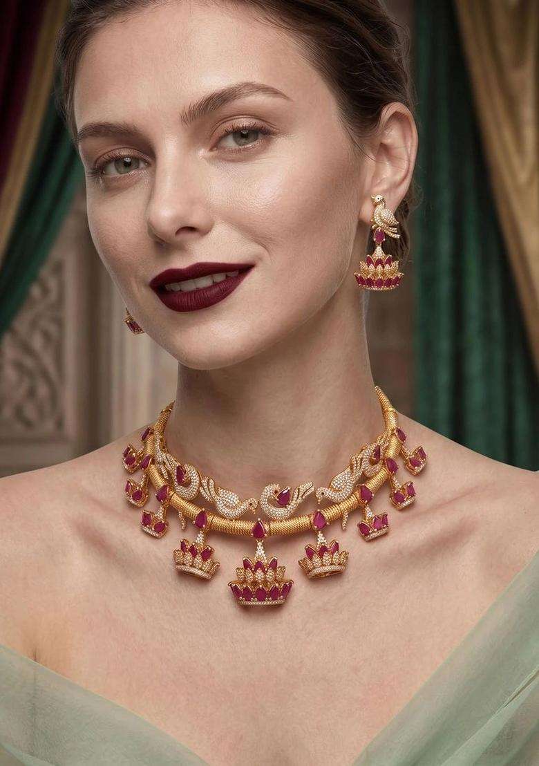 Gold-Plated Temple Cubic Zirconia Necklace and Earrings for Women | Traditional Temple Jewellery for Wedding & Festive Wear | Gift for Her - Indya