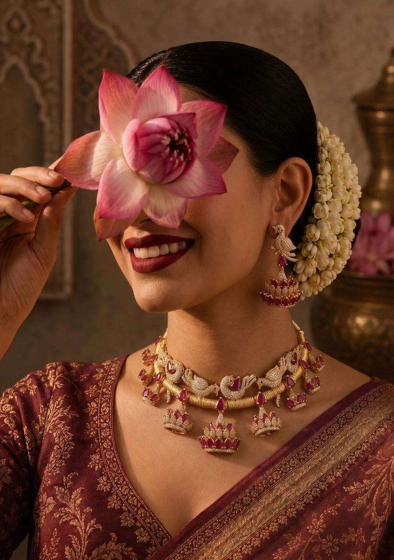 Gold-Plated Temple Cubic Zirconia Necklace and Earrings for Women | Traditional Temple Jewellery for Wedding & Festive Wear | Gift for Her - Indya