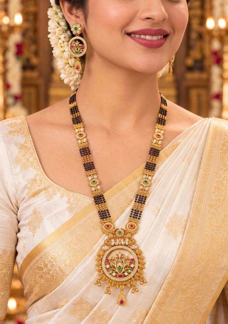 Gold-Plated Temple Stone Studded & Beaded Necklace and Earrings for Women | Traditional Temple Jewellery for Wedding & Festive Wear | Gift for Her - Indya